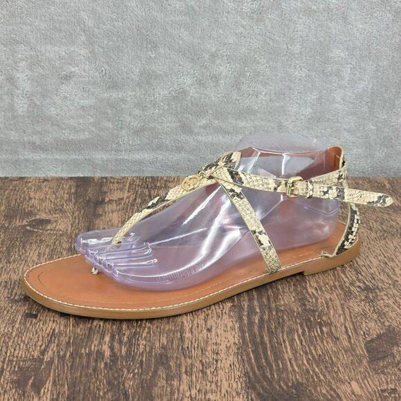 Coach Lydia T Strap Sandals 11 Snake Print Ankle Buckle Logo Strappy Flat Beachy - Picture 1 of 15